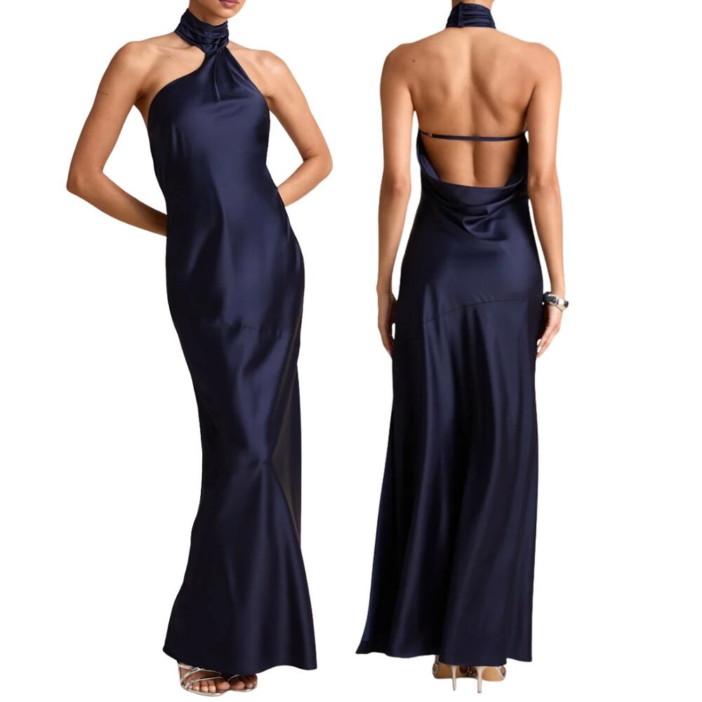 Lulus Madalena Navy Satin Cowl Back Maxi Dress Gown High Neck Asymmetrical Ss S